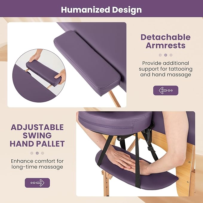 Giantex Massage Table Portable Massage Bed w/Carrying Case 2-Section Salon Spa Facial Care Tattoo Bed Height Adjustable Wood Frame Professional Massage Lash Bed for Eyelash Extension (Purple)