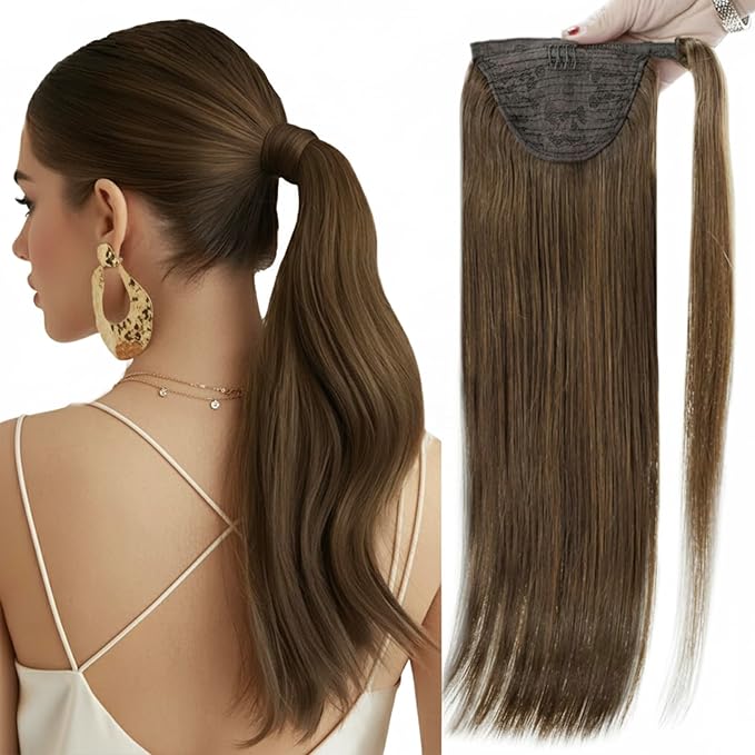 Full Shine Hair Ponytail Extension Dark Brown Ponytail Clip on Hair Extension Straight Brown for Short Hair 70g 14Inch