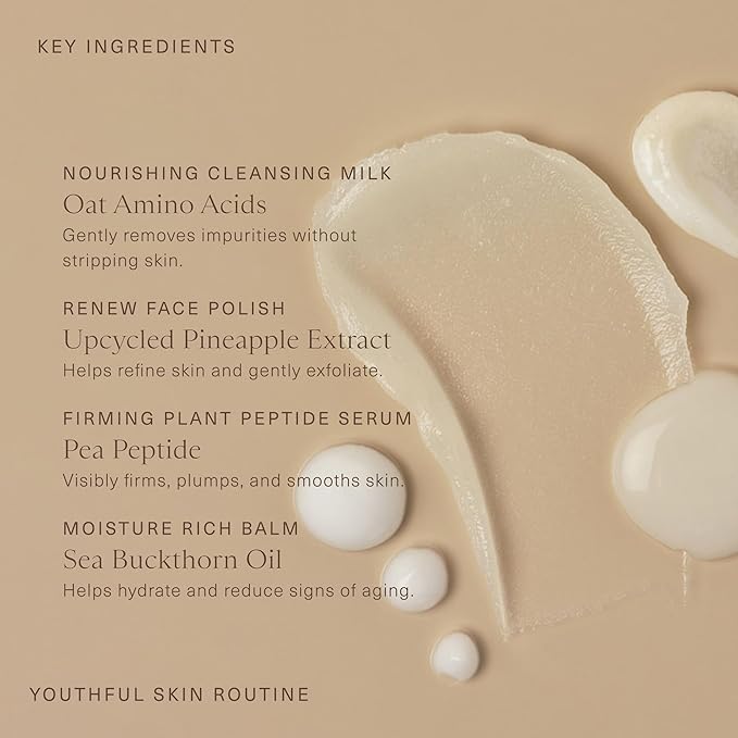 Oak Essentials Youthful Skin Routine Set | 4-Step Skin Renewal Kit with Peptide Serum Face Polish Cleansing Milk &amp Moisture Balm