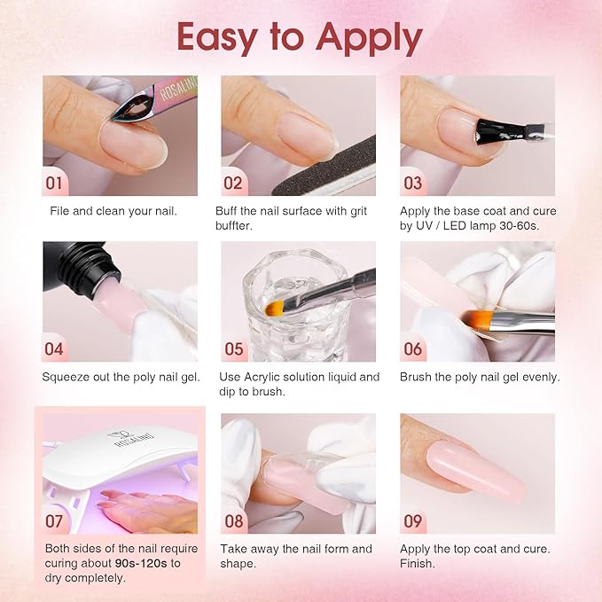 ROSALIND Poly Nail Gel Kit -20 Colors + 76 Nail Art Accessories kit Clear Nude Poly Nails Gel Starter Kit With Slip Solution Pro Nude Pink Nail Extensions with Mini UV Lamp