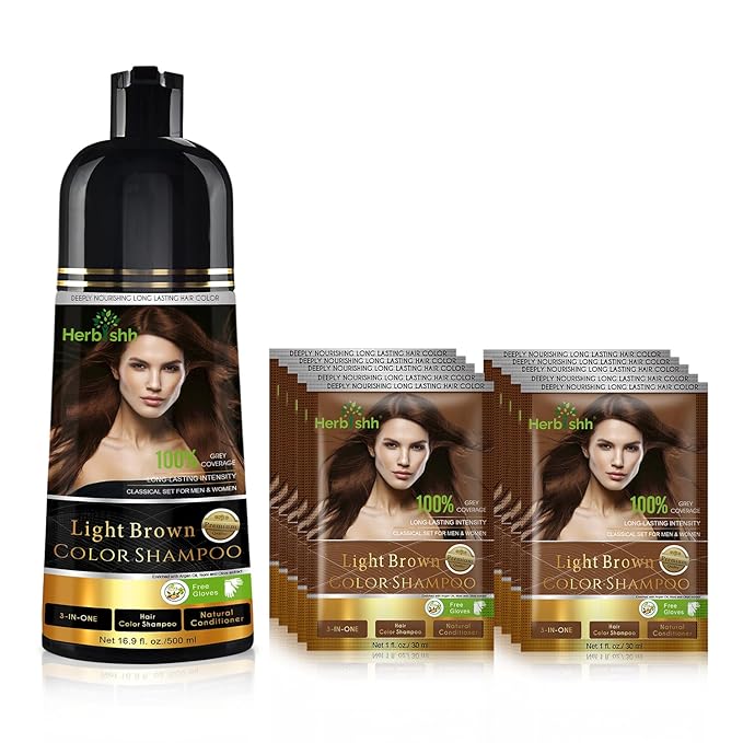 Herbishh Light Brown 3 in 1 Hair Dye Shampoo 500 ML + Travel Size Dye Shampoo pack of 10 30 ML Each - Champu Para Canas Muje