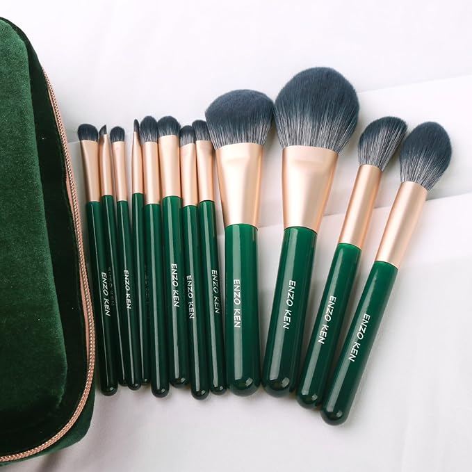 Natural Fiber &amp Goat Hair Makeup Brush Set Professional Combined Hair Makeup Brushes Set with Case by Luxury ENZO KEN Emerald Green Cosmetic Brushes Makeup Set Natural Bristle Makeup Brushes.