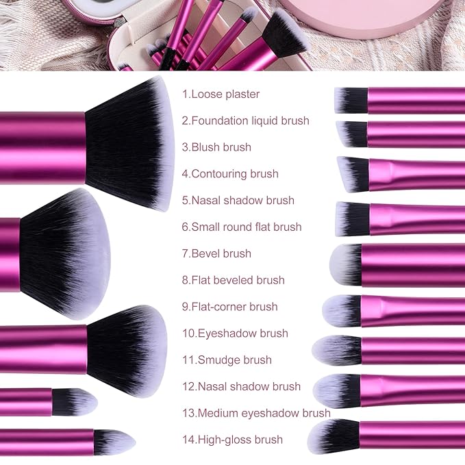 BS-MALL Makeup Brushes Set 14 Pcs with LED Light Mirror ? Premium Cosmetic Tools for Flawless Beauty Routines (Purple)