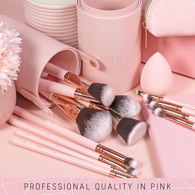 Nir? Beauty 15piece Award Winning Pink Makeup Brushes: Pink Makeup Brush Set with Case Makeup Sponge Brush Cleaner Guide Gift Box