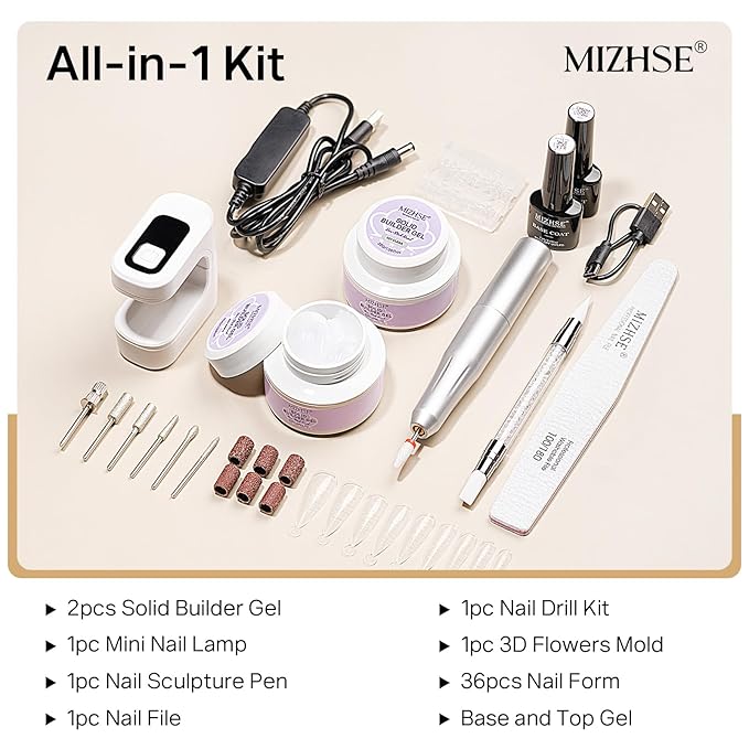 MIZHSE Solid Builder Nail Gel Kit with Nail Drill Clear White 3D Sculpting Gel for NailS Art with U V Lamp Brush for Nails Extension Home Salon DIY Manicure