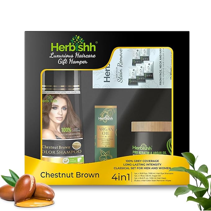 Herbishh Hair Color Shampoo for Gray Hair ? Natural Hair Dye Shampoo ? Lasts Up To 3-4 Weeks ? 500ML ? 3-In-1 Hair Color ? Colors Cleanses and Conditions (Chestnut Brown Giftset)