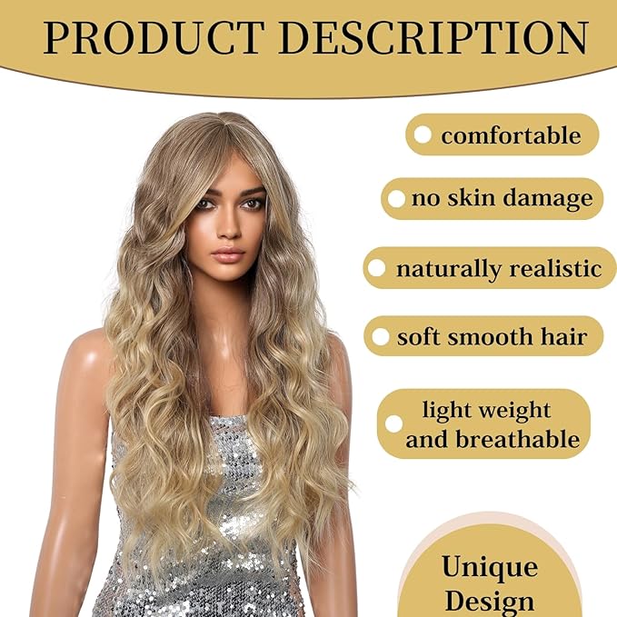 Haoland Ombre Blonde Curly Wig for Women 26 Inch Long Synthetic Wavy Wig with Bangs