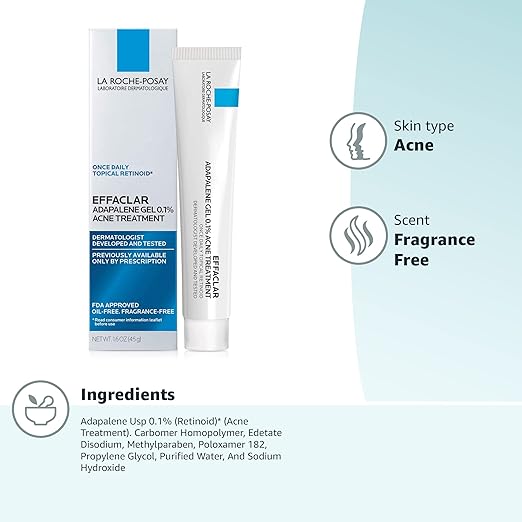 La Roche-Posay Effaclar Adapalene Gel 0.1% Acne Treatment Retinoid Cream Acne Medication Gel For Blackheads &amp Whiteheads Oil Free Helps Clear And Prevent Blemishes &amp Clogged Pores