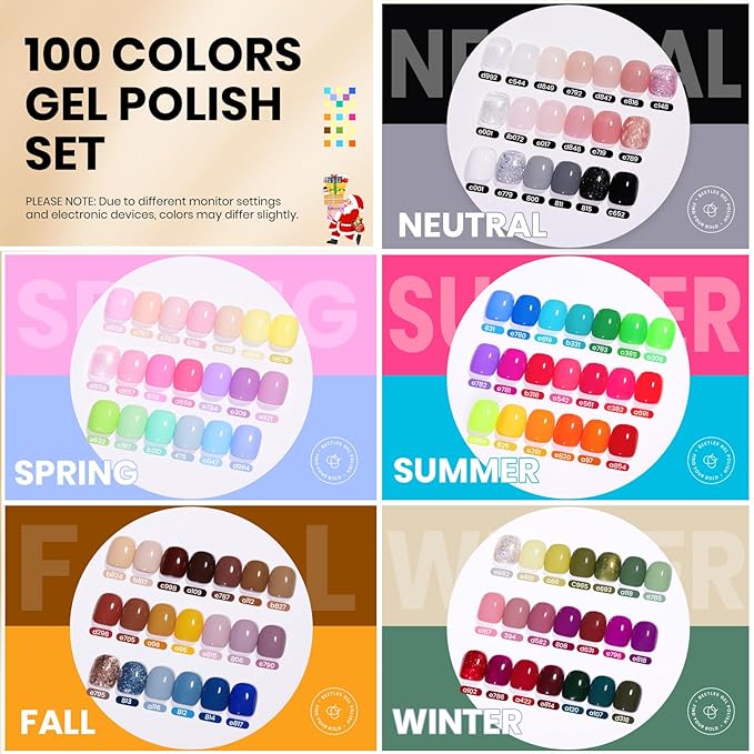 Beetles 110 PCS Gel Nail Polish Set 100 Colors Infinite Inspiration Gift Spree All Season Red Brown Green Black Gel Polish with 5Pcs Base Top Coat Soak off UV Gel for Manicure Lovers DIY at Home