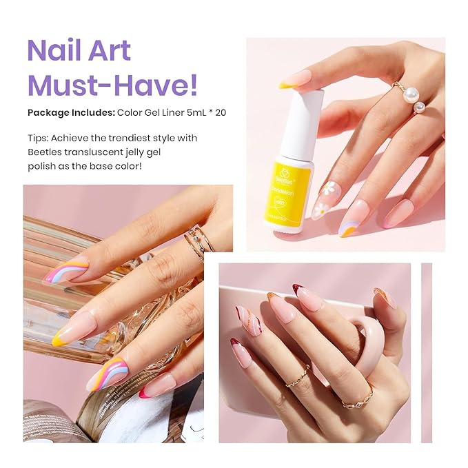 Beetles French Tip Gel Liner Nail Polish Set- 20 Colors Nail Art Polish Brown Glitter Pink Blue White Red Purple Swirl Gel Nails Polish Nails Art Painted Build in Thin Brush Manicure Gifts for Women