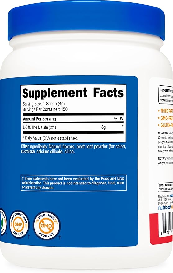 Nutricost L-Citrulline Malate 2:1 (600g) Fruit Punch - Workout Support Muscle Performance Nitric Oxide Booster - Fitness Supplement Powder 75 Servings