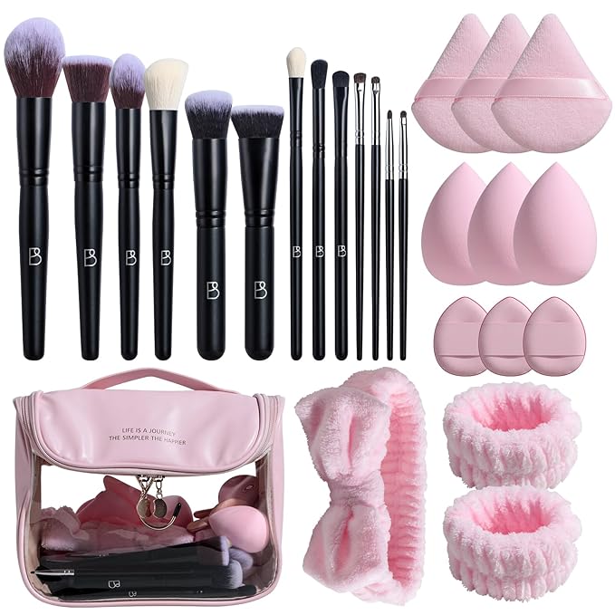 BS-MALL Makeup Brush Set with Waterproof Travel Bag &amp Makeup sponges -26 Pcs Set Triangle Puff &amp Face Washing PuffsFace Wash Headband Wristband for Travel Go Camping Gift &amp Makeup Beginne