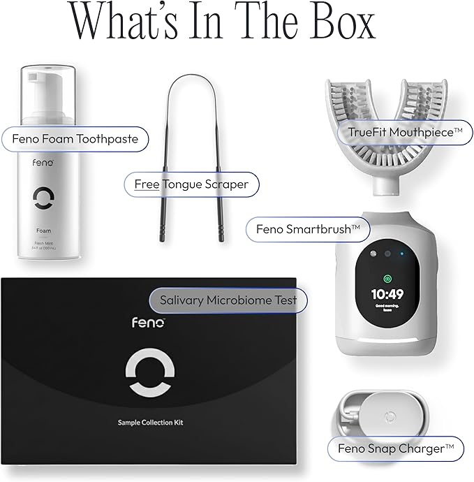 Feno Smartbrush Elite Oral Health ? AI-Powered Electric Toothbrush with Personalized Mouthpiece 1 Tube Foam Toothpaste Tongue Scraper Salivary Microbiome Test &amp 12-Month Plus Membership