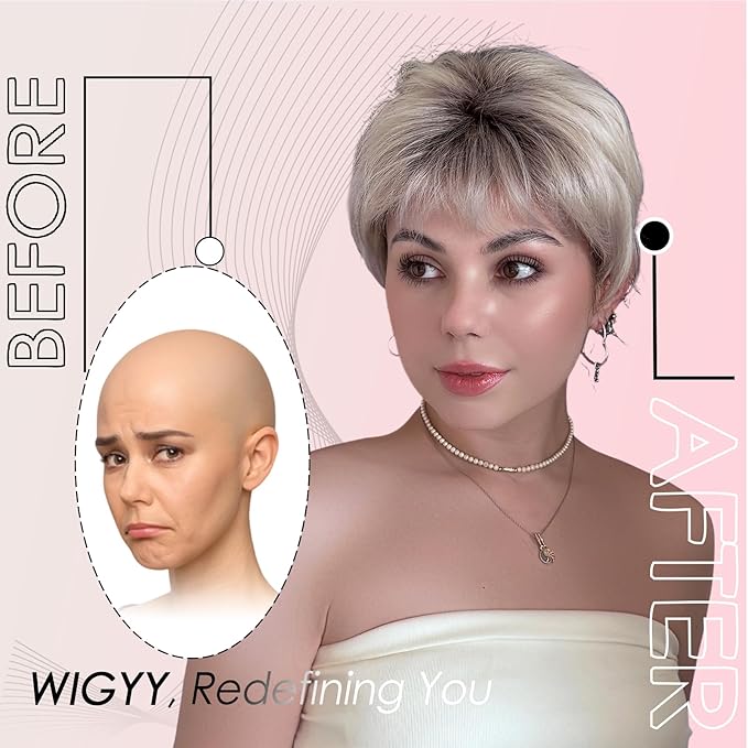 WIGYY Silver Grey Pixie Cut Wig for White Women Short Curly Synthetic Wig with Bangs Upgraded Glueless Cap Heat-Resistant Lightweight Wig for Older Women Daily Wear