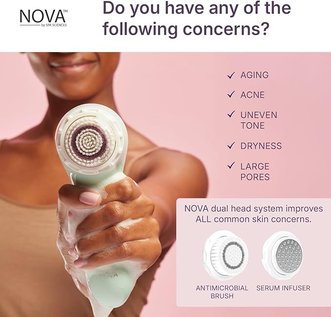 Spa Sciences - NOVA - Sonic Cleansing Brush with Bristles &amp Infusion System ? Anti-Aging Facial Exfoliating Waterproof and USB Rechargeable