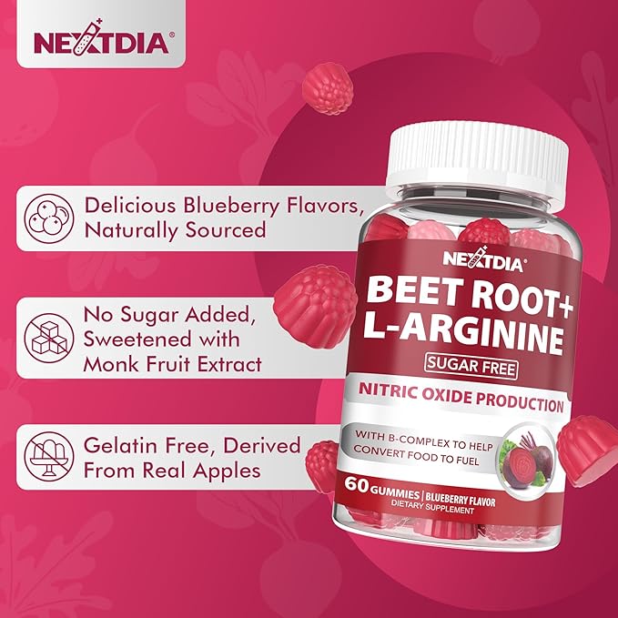 Beet Root Gummies &amp L-Arginine Nitric Oxide Supplements for Men &amp Women w/Organic Beets B1 B2 B3 B5 B6 Folate B12 for Energy Boost &amp Circulation Support Sugar Free 120 Cts