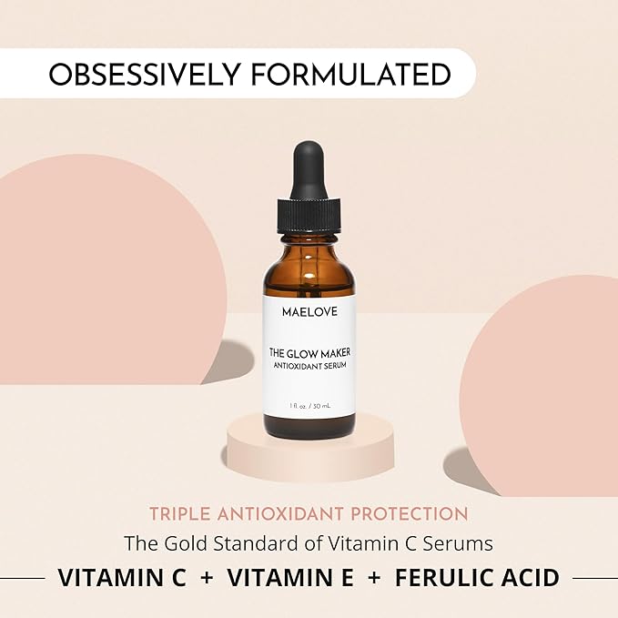 MAELOVE Glow Maker Vitamin C Serum with Vitamin E Ferulic Acid &amp Hyaluronic Acid Award-Winning Brightening and Hydrating Facial Serum Unscented 1.0 fl oz