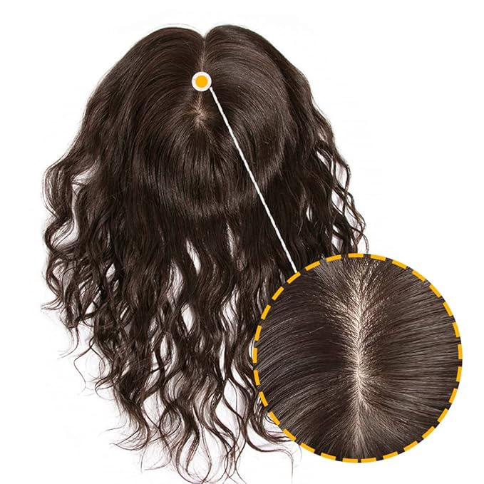 10 Women Natural Wavy Human Hair Toppers Middle Part Silktop 13x14cm Seamless Hairpiece Toupee Simulated Short Curly Clip in Top Hair Pieces Topper Hairpiece for Thinning Hair Brown