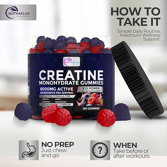 Creatine Monohydrate Gummies ? Berry Flavored Creatine Supplements for Women and Men ? 120Pcs Pre Workout Gummies with BCAA Taurine Vitamin B12 - Promote Energy Boost Performance