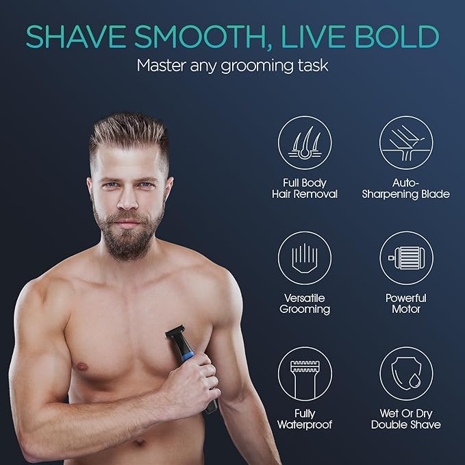 VOYOR Beard Trimmer for Men Electric Razor Nose Face Body Hair Trimmer with Adjustable Length Combs All in 1 Rechargeable Mens Grooming Kit Cordless Electric Shaver Wet/Dry TX510 (Blue)