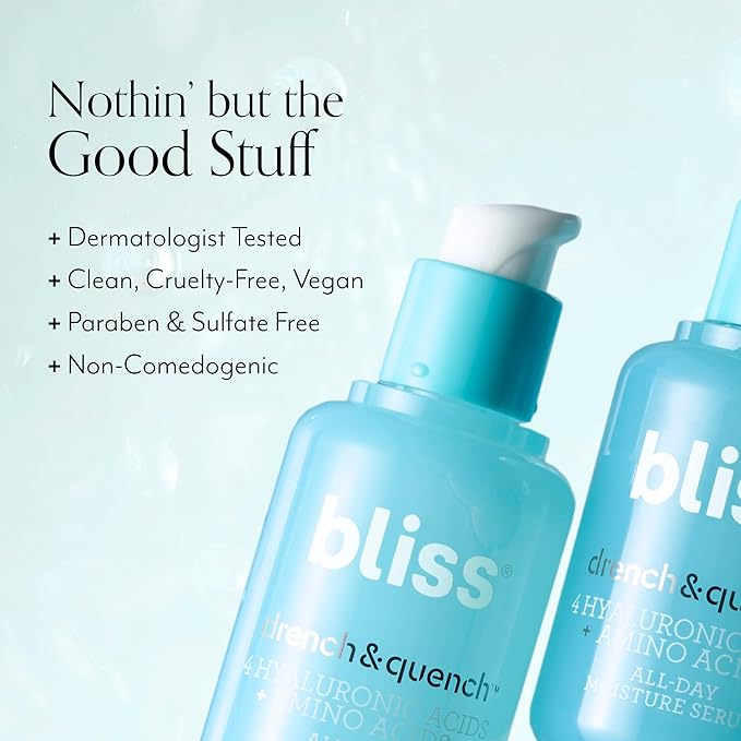 Bliss Hyaluronic Acid Drench &amp Quench Facial Serum ? Hydrating Serum for Dry Sensitive Skin - Lightweight Gel Formula for Deep Hydration &amp Plump Skin - Clean Cruelty-Free - 1 Fl Oz