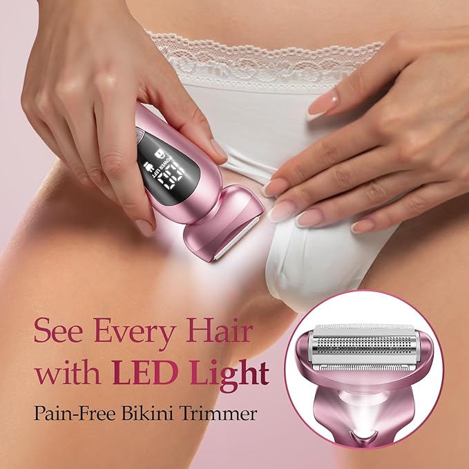 Electric Bikini Trimmer for Women: Rechargeable Painless Shaver for Body Hair - IPX7 Waterproof Cordless Razor with LED Display for Face/Leg Light Pink