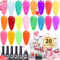 Jelly Gel Polish 20 Colors Trendy Neon Jelly Gel Nail Polish Kit Glossy Crystal Transparent Gel Polish Nude Pink Purple Green Blue Yellow Red Colors Nail Polish Set Soak Off UV LED