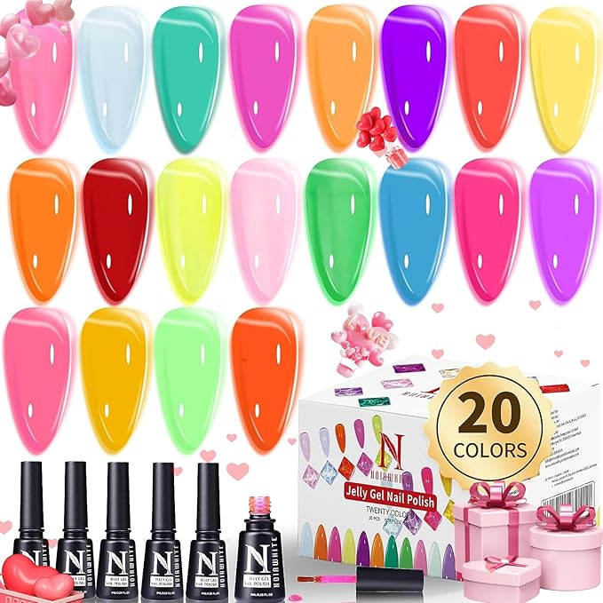 Jelly Gel Polish 20 Colors Trendy Neon Jelly Gel Nail Polish Kit Glossy Crystal Transparent Gel Polish Nude Pink Purple Green Blue Yellow Red Colors Nail Polish Set Soak Off UV LED