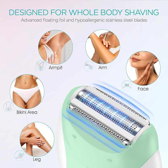 Epilator for Women-Cordless Epilators Hair Removal for Women 4-in-1 Electric Razor Hair Remover 2 Speeds &amp 21 Tweezers for Face Legs Arms Armpit Bikini Green HR310