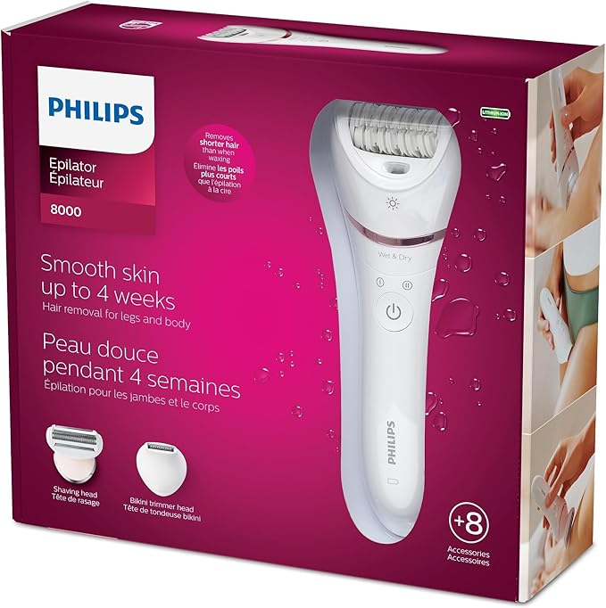 Philips Epilator Series 8000 Wet &amp Dry 3-in-1 with Shaver &amp Trimmer Attachments for Women 8 Accessories Included BRE720/14