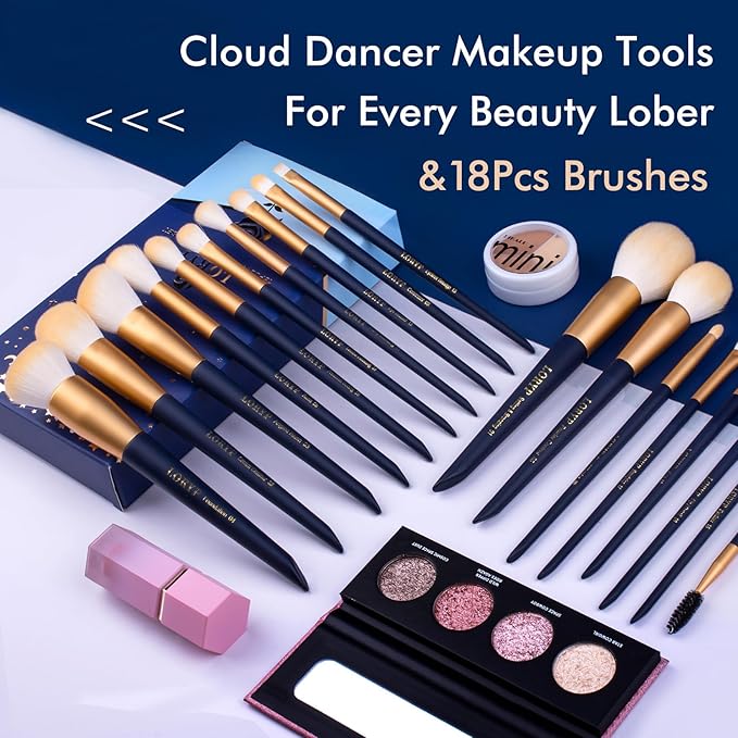 LORYP Makeup Brushes Set Labeled 18 Piece Face and Eye Brush Set Ultra soft hair Foundation Concealer Blush Contour Blending Eyeshadow Blue Brush kit