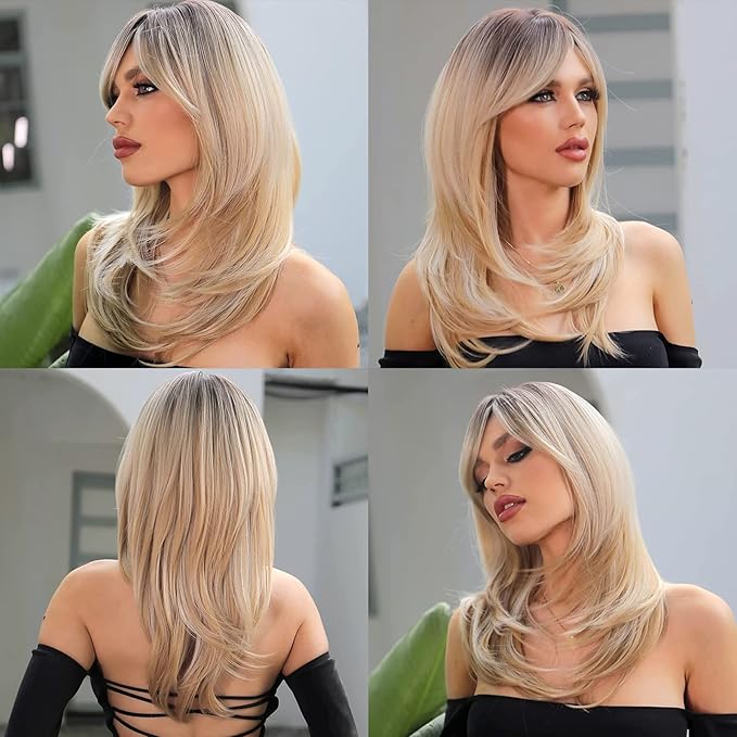 Heat Resistant Wigs Human Hair Mixed Synthetic Long Layered Black Blonde Highlights with Bangs for Women Party Cosplay