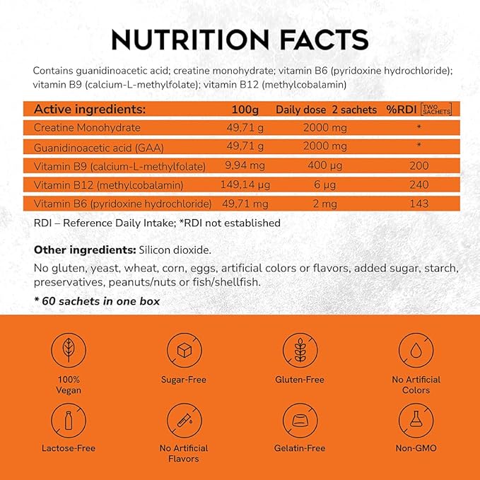 Micronized Creatine Monohydrate + GAA | Increase Strength No Water Retention | Boosts Memory &amp Focus | Single-Serve Packets | 60 Sachets 30 Servings | (Sachets Orange)