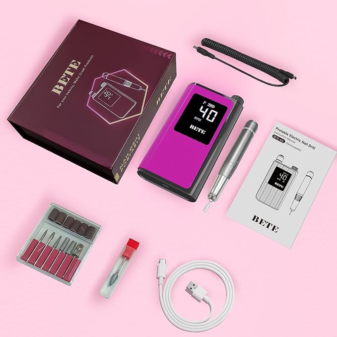 BETE Professional Nail Drill 40000 RPM Cordless Electric Nail File Kit with 6 Bits Rechargeable Efile for Acrylic Gel Nails Polishing Manicure Tools for Salon Home Use Rose Red
