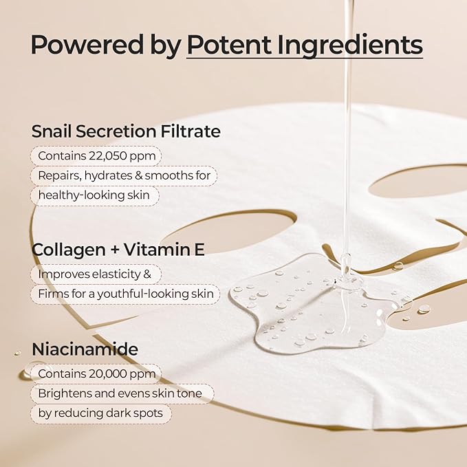 MOTHER MADE Glowing Glass Skin Hydrating Snail Deep Collagen Face Masks Set of 20 EA with Niacinamide 2% Vitamin E Facial Mask for Dry Sensitive Skin Self Care Korean Skincare