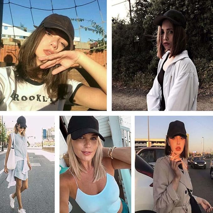 Woman Baseball Cap with Hair Extensions Straight Short Bob Hairstyle Adjustable Wig Hat 14inch Duck Tongue Hat Wig