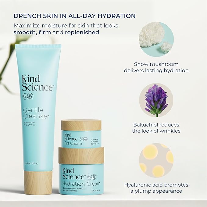 Kind Science 3-Piece Skin Care Set Gentle Cleanser Hydration Cream Eye Cream - Essential Anti Aging Trio - Anti Aging Skin Care Set for Women - Paraben Dye &amp Fragrance Free Cruelty Free