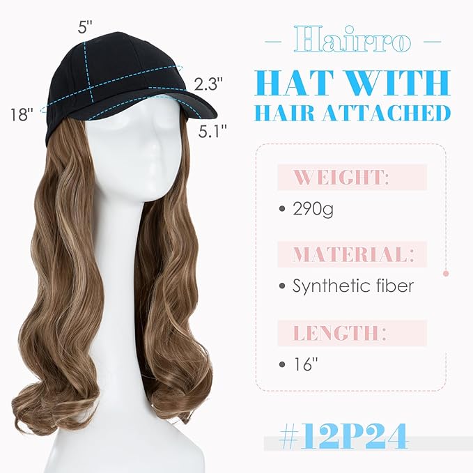 Hairro Baseball Hat with Hair Attached for Women Synthetic Adjustable Cap Wig 290g #12P24 Light Brown Mix ash Blonde