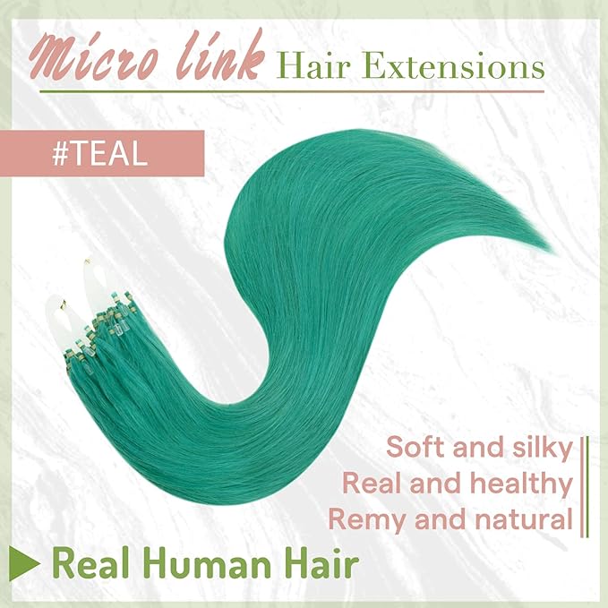 RUNATURE Microlink Hair Extensions Human Hair Colorful Teal Micro Bead Hair extensions Real Human Hair Cold Fusion Micro Loop Hair Extensions Straight Human Hair Remy Long 22 Inch 25g 25s