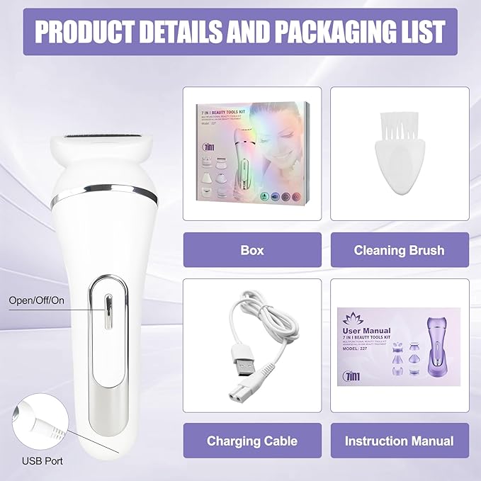 3.0 Women Face Epilator 7-in-1 Rechargeable Facial Hair Remover with LED Battery Display Facial Shaver for Face Eyebrow Nose Trimmer (White)