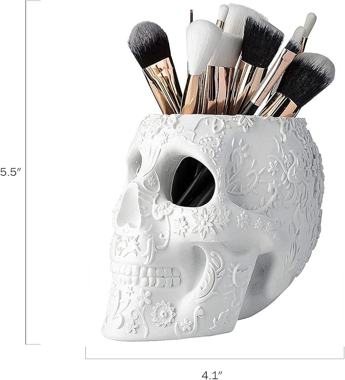 Skull Makeup Brush Candy Bowl &amp Pen Holder Bowl Spooky Goth Decorations Extra Large Strong Resin Skeleton Skulls and Bones Organizer Bathroom Trick Or Treat Decor by Gute (White)