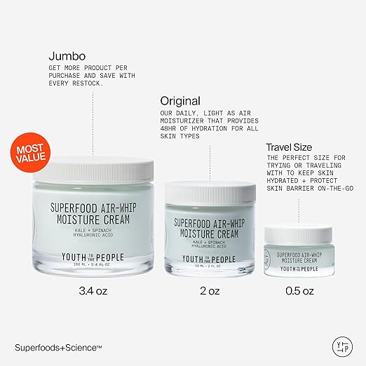 Youth To The People Superfood Air-Whip Moisture Cream - Kale + Green Tea Hyaluronic Acid Face Moisturizer Smooths + Hydrates Up to 48HR with Dewy Glow Non-Greasy Lightweight Gel Non-comedogenic