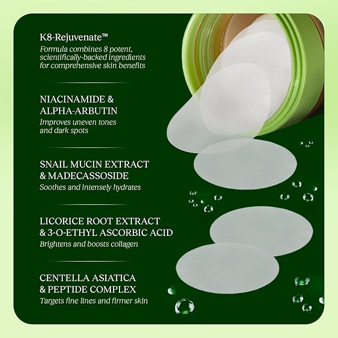 JiYu Toning Polish Pads - Korean Skincare for Dark Spots Wrinkles &amp Dull Skin - Hydrating Facial Treatment with Snail Mucin Niacinamide Peptides &amp Centella - 100 Count