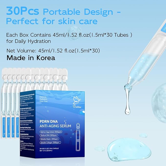 Salmon DNA PDRN Anti-Aging Serum 5000ppm Salmon Egg DNA Ampoule 2000ppm Collagen Glutathione Niacinamide &amp 6 Hyaluronic Acids Korean Skincare for Wrinkles &amp Radiance0.05 fl.oz x 30e