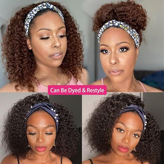 Headband Wig Human Hair 180% Density Kinkycurly Headband Wigs Glueless Curly Human Hair Wig for Women Natural Color 18 Inch