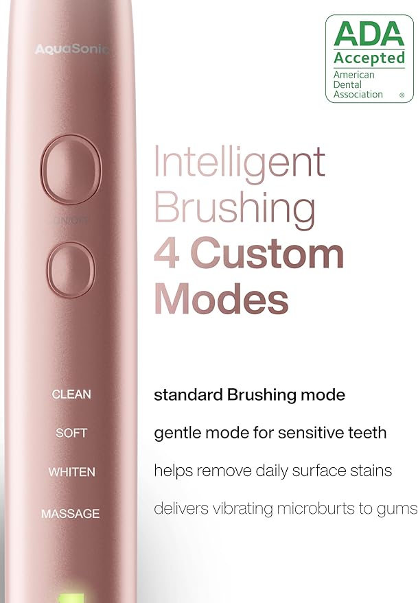 Aquasonic Vibe Series Ultra-Whitening Toothbrush ? ADA Accepted Electric Toothbrush - 8 Brush Heads &amp Travel Case ? 40000 VPM Motor &amp Wireless Charging - 4 Modes w Smart Timer ? Satin Rose Go