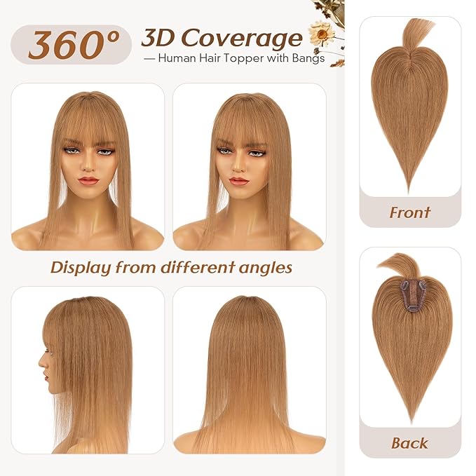 Rich Choices Real Human Hair Toppers for Women 3D Cover Clip in Bangs 100% Remy Human Clip in Silk Base Hair Topper with Bang for Thinning 150% Density 14 Inch #6 Light Brown