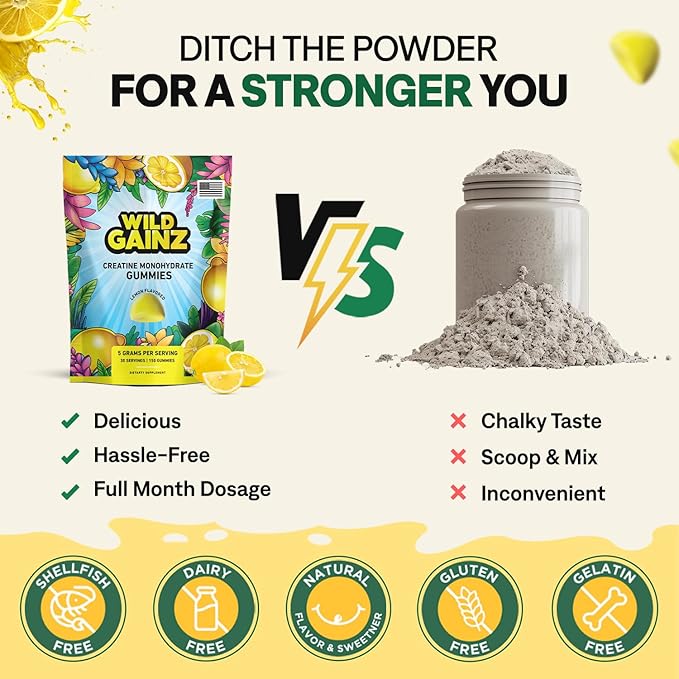 Creatine Monohydrate Gummies for Men &amp Women 5000mg - Made in USA Potency Tested Vegan Supports Muscle Growth Strength &amp Cognitive Function Non-GMO Gluten-Free Lemon Flavored Creatine 150