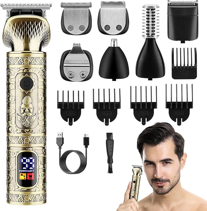 Men's Grooming Kit Multifunction Hair Trimmer Set Beard Shaver Electric Body Hair Trimmer Nose Trimmer Haircut Kit Engraving Cutter with Guide Combs Type-C Rechargeable