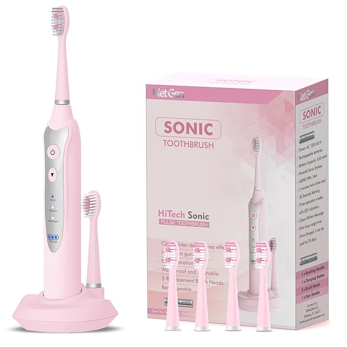 Sonic Electric Toothbrush for Adults with 5 Toothbrush Replacement Heads 3 Brushing Modes &amp 2 Minutes Built-in Timer Travel Toothbrushes with Inductive Charging Rechargeable toothbrush | Pink